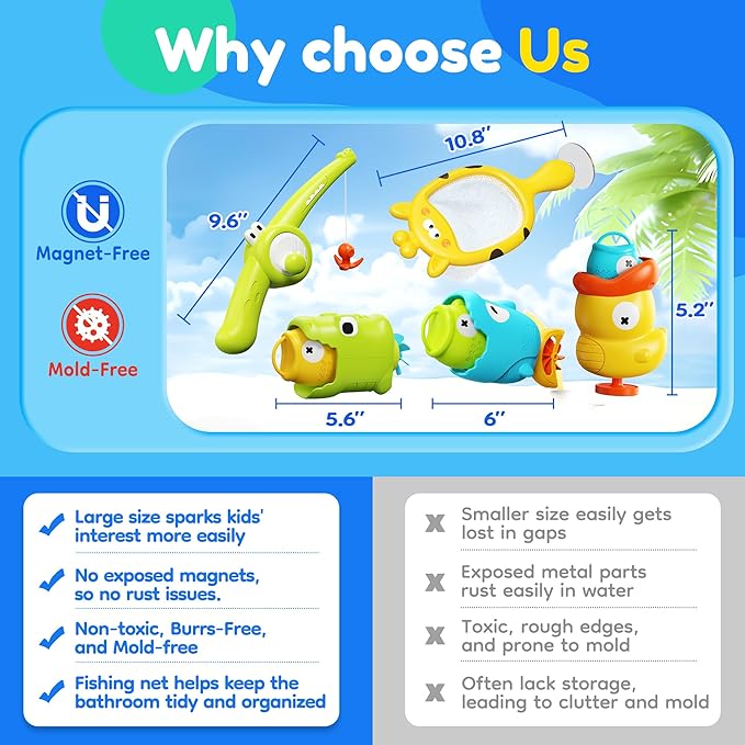 Mold Free Kids Bath Toys - Toddler Fishing Game with Fishing Net, Birthday Gift for Boys and Girls Ages 3-5, Great Water Toy for Bathtub, Swimming Pool, and Beach Fun