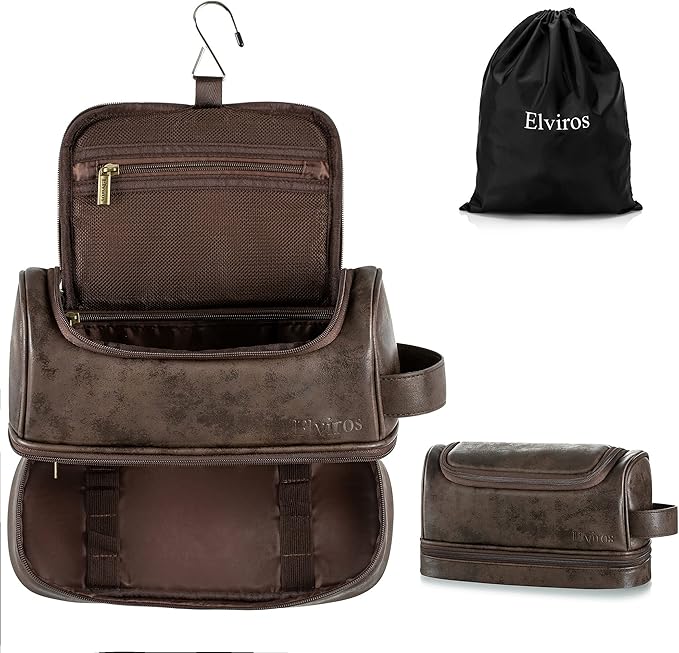 Elviros Toiletry Bag for Mens PU Leather Travel Organizer Kit with Hanging hook, Large Water-resistant Toiletries Bathroom Shaving Bags (Extra Large, Coffee)