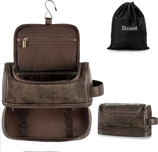 Elviros Toiletry Bag for Mens PU Leather Travel Organizer Kit with Hanging hook, Large Water-resistant Toiletries Bathroom Shaving Bags (Extra Large, Coffee)