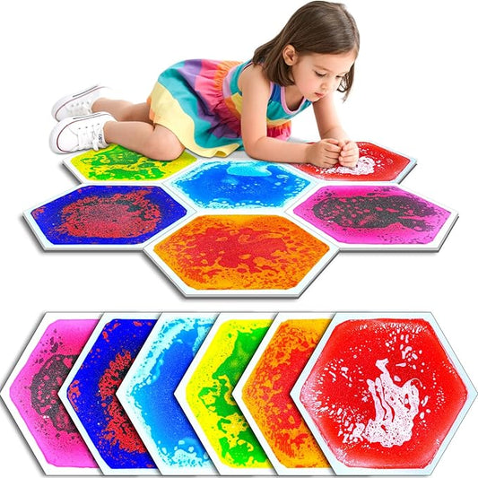 Liquid Sensory Floor Tiles - 6 PCS Hexagon Sensory Floor Pads for Kids Aged Over Three Years Old