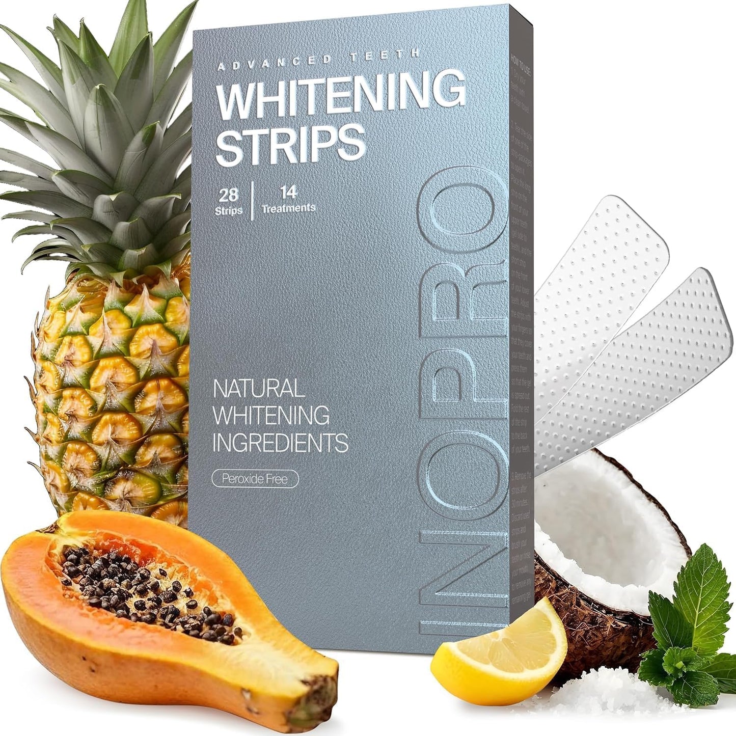 InoPro Natural Teeth Whitening Strips Kit 14 Treatments - Sensitive Teeth Whitener, Peroxide Free with Papain, Bromelain, Coconut Oil, White Strips for Teeth Whitening (28 Strips)