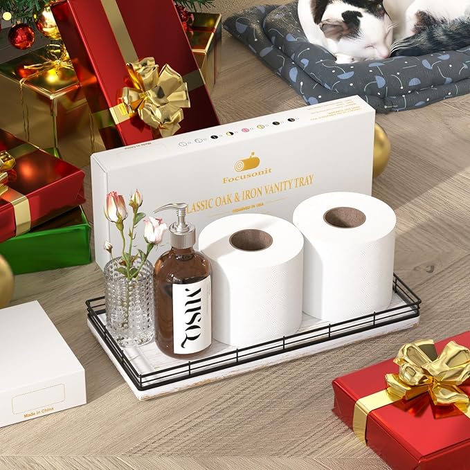 Bathroom Toilet Tank Tray, 13" Wood Toilet Paper Storage Basket Tray Back of Toilet Basket Organizer,Vanity Tray for Perfume Makeup Candle Decor, Black & Farmhouse White