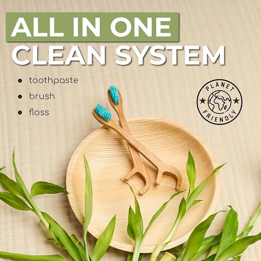 Brushee - 3 Pack Bamboo Toothbrushes Kit - 3-in-1 Travel Toothbrush with Flosser - Soft Eco-Friendly Disposable Toothbrushes with Toothpaste Fresh Mint Flavored - Individually Wrapped for Travel