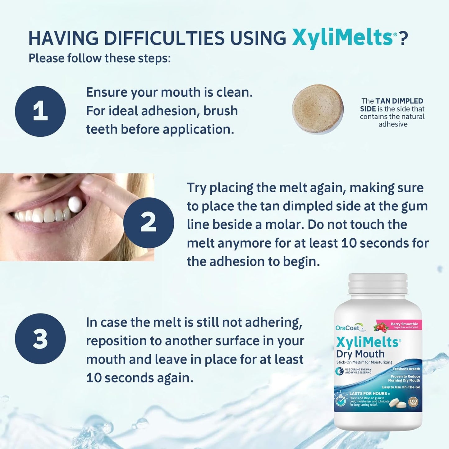 Oracoat XyliMelts for Dry Mouth Night Time or Day - Moisturizing Dry Mouth Adhering Discs, Sugar Free with Xylitol, 100 Count, Berry Smoothie Flavor, 8-Hour Relief