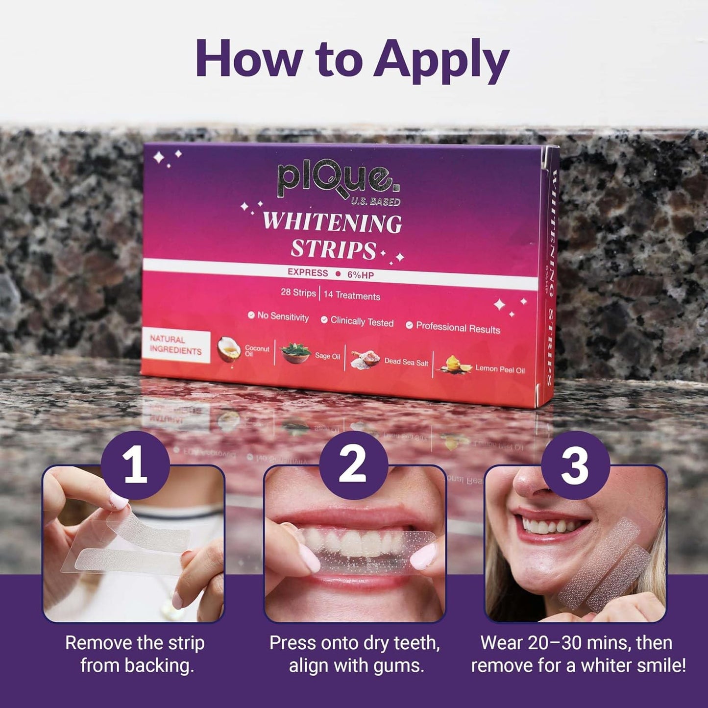 Teeth Whitening Strips 14 Treatments - Fast Acting 6% Hydrogen Peroxide Formula, Natural Ingredients, Deep Stain Removal - Oral Care with Coconut Oil, Sage, Lemon Peel, Dead Sea Salt (28 Strips)