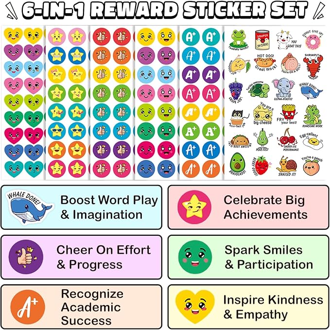1120Pcs Motivational Reward Stickers for Kids and Students, Includes Stars, Smiley Faces, Hearts, A+, Thumbs Up, and Fun Pun Designs, Must-Have for Elementary Teachers and Homeschool Classroom