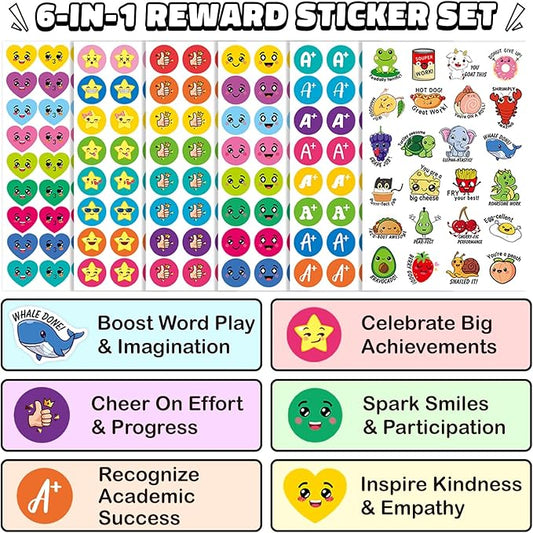 1120Pcs Motivational Reward Stickers for Kids and Students, Includes Stars, Smiley Faces, Hearts, A+, Thumbs Up, and Fun Pun Designs, Must-Have for Elementary Teachers and Homeschool Classroom
