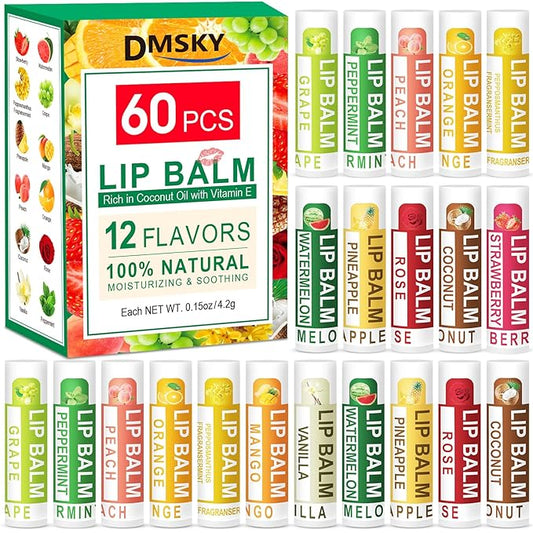 DMSKY 60 Pack Lip Balm, Natural Lip Balm Bulk, Moisturizing Lip Balms with Vitamin E and Coconut Oilfor Chapped Lips-12 Flavors