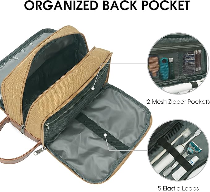 WANDF Travel Toiletry Bag for Men Large Toiletries Shaving Bag Water Resistant Hanging Dopp Kit Travel Accessories Bag for Women Men (Khaki)