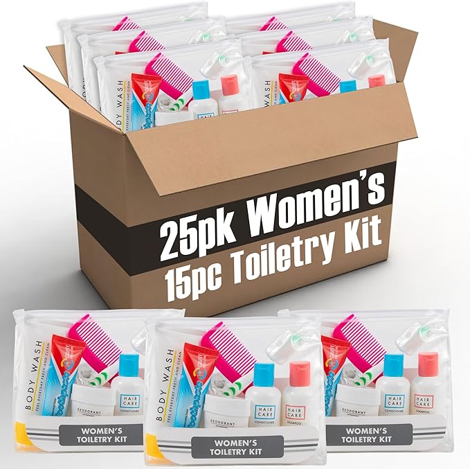 Trail maker (25 Kits) Homeless Care Package Supplies Bulk Summer Hygiene Travel Kits for Women, 15 Piece Travel Size Toiletries, Homeless Supplies in Bulk for Charity