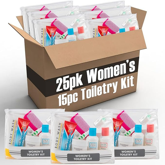 Trail maker (25 Kits) Homeless Care Package Supplies Bulk Summer Hygiene Travel Kits for Women, 15 Piece Travel Size Toiletries, Homeless Supplies in Bulk for Charity