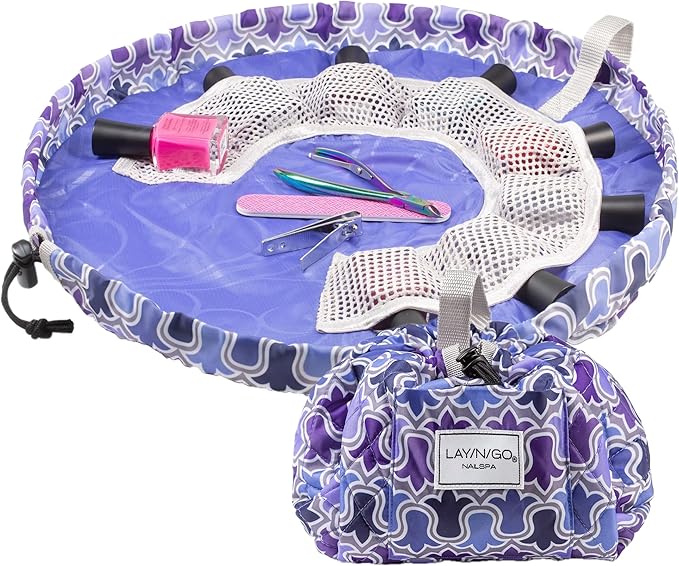 Lay-n-Go NailSpa Drawstring Cosmetic Bag - Portable Nail Supplies Organizer Bag w/ 8 Elastic Mesh Pockets & Circular Center -Durable, Machine Washable Nail Kit Organizer (18", Violet Floral [Purple])