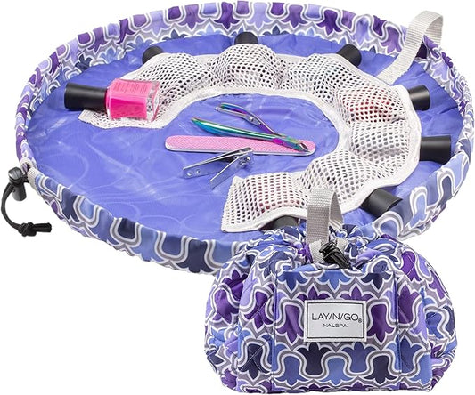 Lay-n-Go NailSpa Drawstring Cosmetic Bag - Portable Nail Supplies Organizer Bag w/ 8 Elastic Mesh Pockets & Circular Center -Durable, Machine Washable Nail Kit Organizer (18", Violet Floral [Purple])