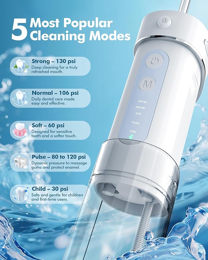 Water Flosser Travel Mini Cordless Portable: 5 Modes Water Dental Floss with Telescopic Water Tank, 4 Tips, IPX7 Waterproof Oral Irrigator for Teeth Cleaning, Orthodontic, Braces Dental Care