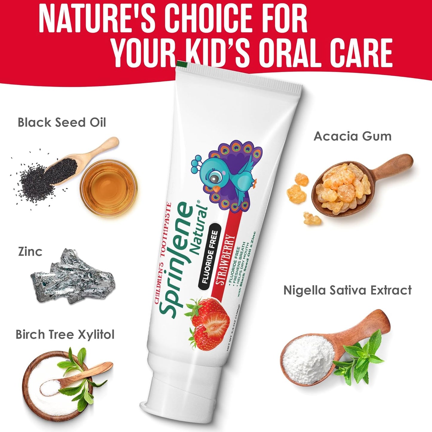 SprinJene Natural Children’s Toothpaste – Fluoride Free Strawberry Toothpaste for Toddlers & Kids – Gentle Safe Natural Formula with Patented Black Seed Oil & Zinc – Made in The USA (1 Pack)