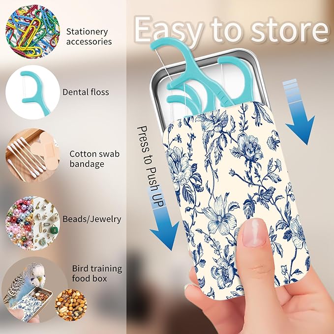 Portable Dental Floss Case, Refillable Cute Travel Floss Dispenser for Men & Women, Pocket Travel Floss Picks Case for Purse, Backpack, Bag Blue Vintage Floral