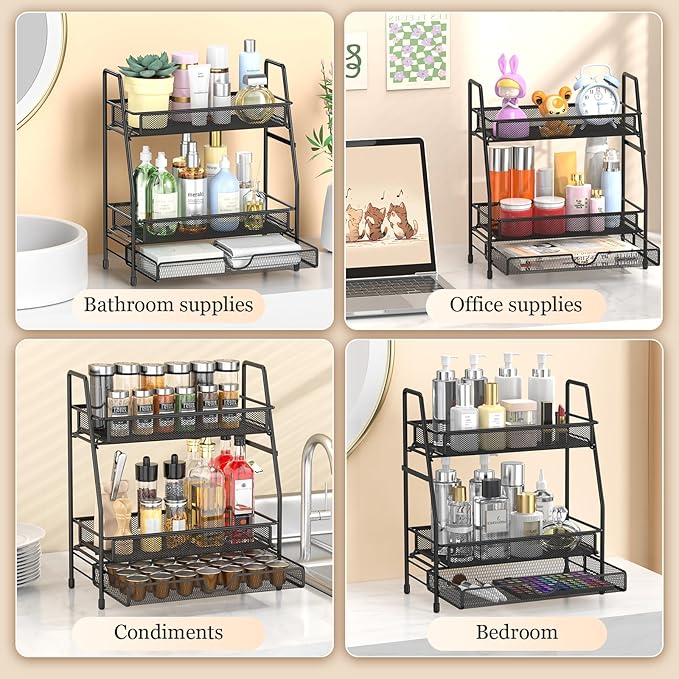 2-Tier Bathroom Counter Organizer with Drawer, Bathroom and Makeup Organizer Countertop, Easy to Install, Ideal for Bathroom organizer, Vanity, Large Skincare, Perfume, Present, and More,Black