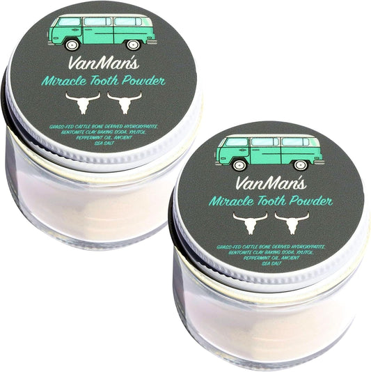 Vanman’s - Mint and Bone Tooth Powder Toothpaste (2 Pack) - Remineralizing Tooth Powder with Cattle Bone Derived Hydroxyapatite, Bentonite Clay, Peppermint Oil and Baking Soda - 2.2 oz
