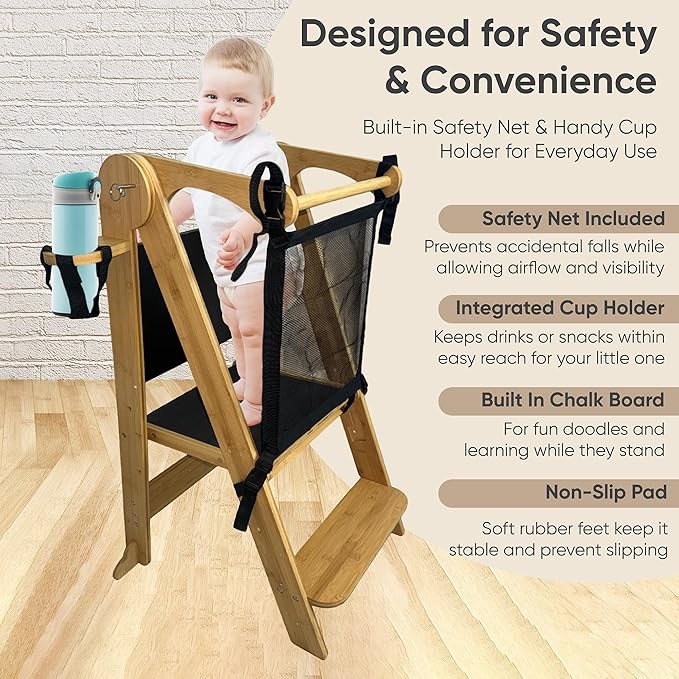 SK Designs Foldable Toddler Tower with Cup Holder - Kitchen Learning Stool Helper, Montessori Kids Standing Tower for Counter, Collapsible, Adjustable Baby Step Stool with Safety Net for Bathroom Sink