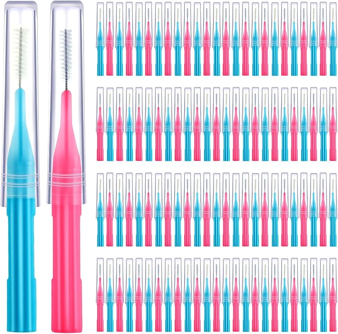 Patelai 100 Pieces Braces Brush for Cleaner Interdental Brush Toothpick Dental Flossing Head Oral Hygiene Flosser Tooth Cleaning Tool (Light Blue,Pink)