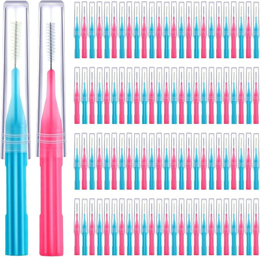 Patelai 100 Pieces Braces Brush for Cleaner Interdental Brush Toothpick Dental Flossing Head Oral Hygiene Flosser Tooth Cleaning Tool (Light Blue,Pink)
