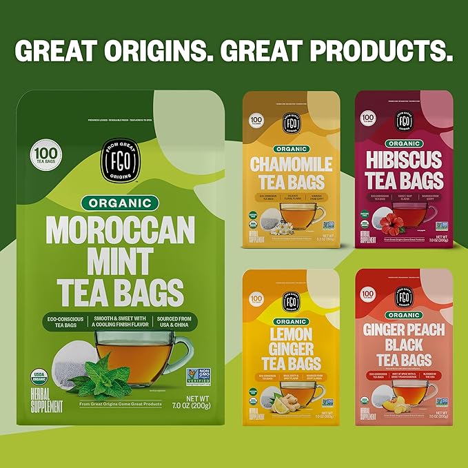 FGO Organic Moroccan Mint Green Tea, 100 Count, Eco-Conscious Tea Bags, Resealable Bag, Packaging May Vary (Pack of 1)