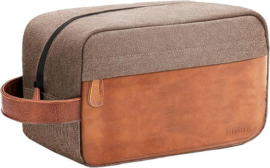 Elviros Travel Toiletry Bag for Men, Hanging Toiletries Bag Water Repellent Dopp Kit PU Leather Travel Bag for Toiletries Accessories, Khaki