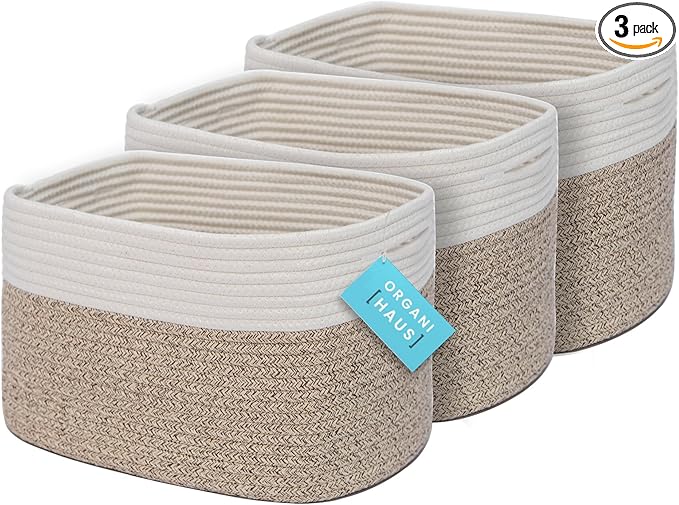 OrganiHaus Set of 3 Woven Storage Baskets for Shelves, Decorative Organizer Bins for Closet & Bathroom, Multipurpose Home Organization Baskets, Toy Storage Basket - Brown/Off-White, 15x9x10 inches