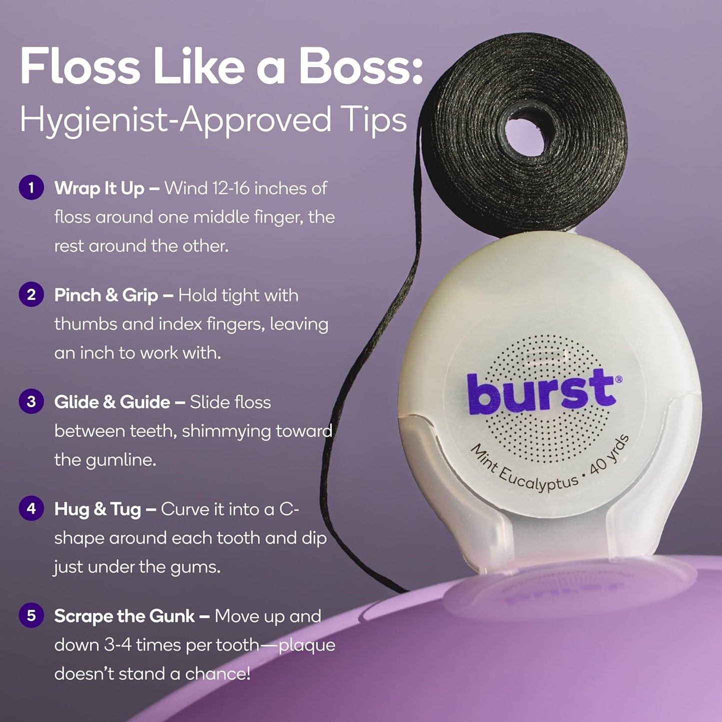 BURST Expanding Dental Floss (Mint Eucalyptus/40 Yards) | Stain Absorbing & Woven Tooth Floss with Xylitol Coating to Fight Cavities | Vegan | Paraben Free Expanding Floss