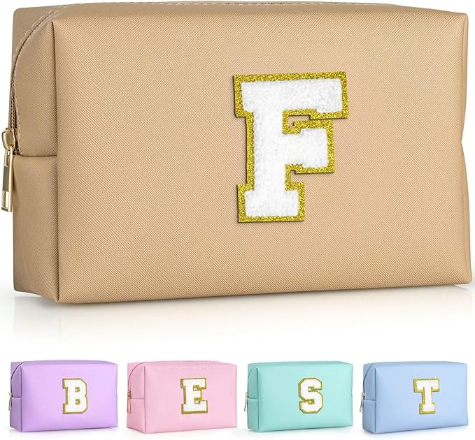 TOPEAST Preppy Makeup Bag, Small Cosmetic Travel Bags for Women, PU Leather Waterproof Toiletry Bag with Zipper, Personalized Birthday Gift for Women Girl, Preppy Gifts for Girl (Khaki F)