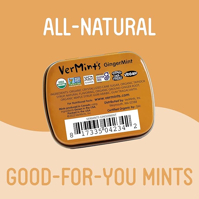 VerMints Organic Breath Mints GingerMint - Real Ginger Flavored Candies - Travel Size Tin - Non-GMO, Nut Free, Gluten Free, Vegan, Kosher & Organic Candy Mints - .63oz/18g (Pack of 12)