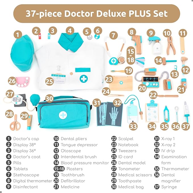 UMU® Deluxe Wooden Doctor Play Set – 37 Pcs Pretend Medical Kit with Stethoscope Dentist Tools Laptop & Accessories – Doctor Role Play Toy for Kids Ages 3 4 5 6