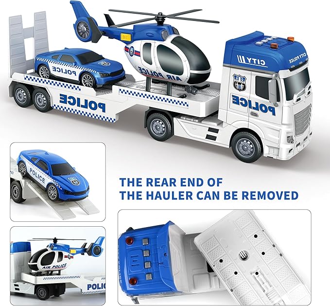 Dwi Dowellin Toddler Boy Toys for 3 4 5 6 Year Old, 25" Semi Truck Toy with Racing Car and Helicopter - Police Toys,Birthday Gifts for Kids Child 2 3 4 5 6 Years Old