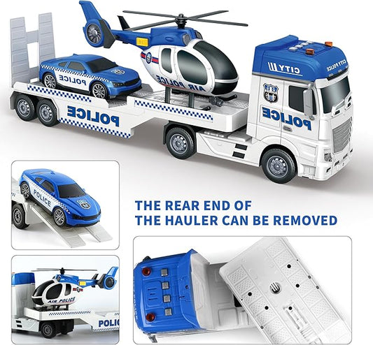 Dwi Dowellin Toddler Boy Toys for 3 4 5 6 Year Old, 25" Semi Truck Toy with Racing Car and Helicopter - Police Toys,Birthday Gifts for Kids Child 2 3 4 5 6 Years Old
