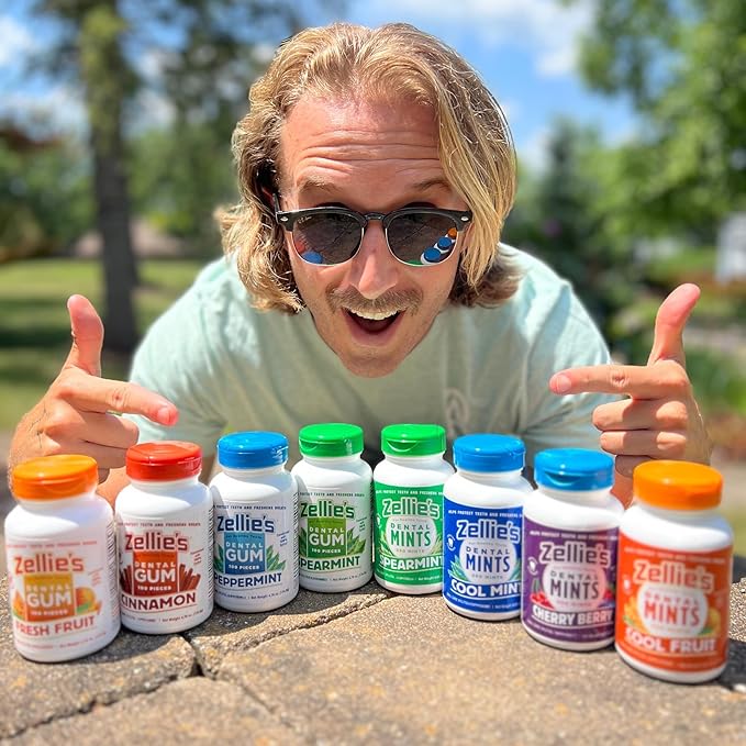 Zellie’s | 100% Xylitol | Gum Gift Set | Peppermint, Spearmint, Fresh Fruit, & Cinnamon | No Aspartame, Gluten Free, Vegan & Kosher Gum (100 Count – Pack of 4)