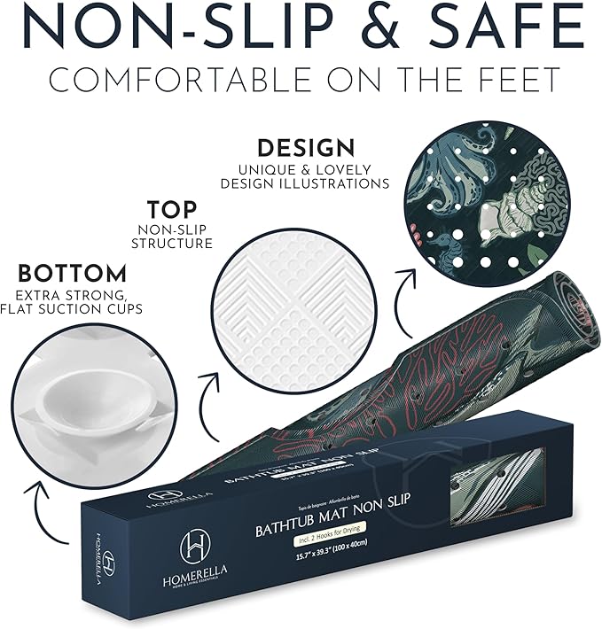 Homerella Baby Bath Tub Mat | Anti Mold Mildew Resistant Non Slip Kids and Adult Bath Tub Shower Mats | 40x16 inch Long with Suction Cups for Secure Grip Hooks for Storage & Drying | Machine Washable