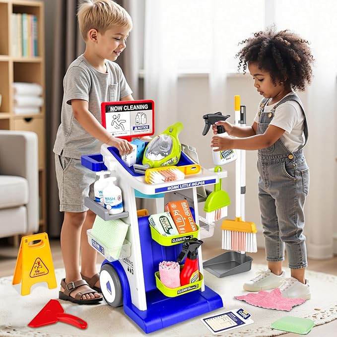 Kids Cleaning Toy Set, Toddler Cleaning Set, Pretend Play Cleaning Toys with Handheld Vacuum That Really Works,Cleaning Supplies,Cleaning Cart for Kids Toddler Christmas Birthday Gift(Blue)