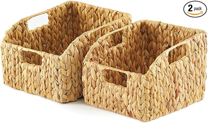 Greenatural Water Hyacinth Storage Baskets Set of 2, Handwoven Rectangular Organizer Trays with Built-in Handles in 2 Sizes, Nested Wicker Bins for Shelf, Bathroom, Kitchen, Office, Natural Decor