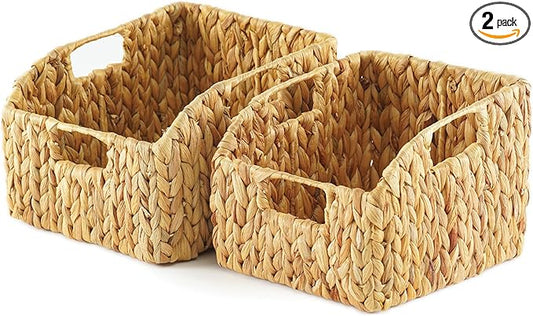Greenatural Water Hyacinth Storage Baskets Set of 2, Handwoven Rectangular Organizer Trays with Built-in Handles in 2 Sizes, Nested Wicker Bins for Shelf, Bathroom, Kitchen, Office, Natural Decor