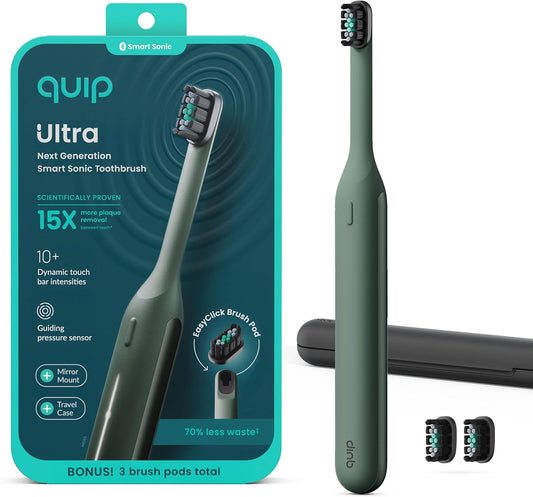 Quip Ultra Next Generation Smart Sonic Toothbrush - Timed Electric Toothbrush for Adults - Replaceable Brush Head, Soft Bristles, Silicone Handle, 30-Day Battery Life, Travel Case - Moss Green