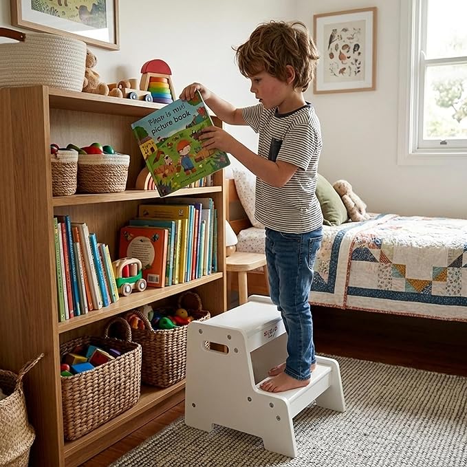 Stepup Baby Wooden Step Stool for Kids White – 2-Step Toddler Stool with Handles, Birch Plywood, Anti-Tip Base & Rounded Corners – Bathroom Sink & Countertop Step Stool