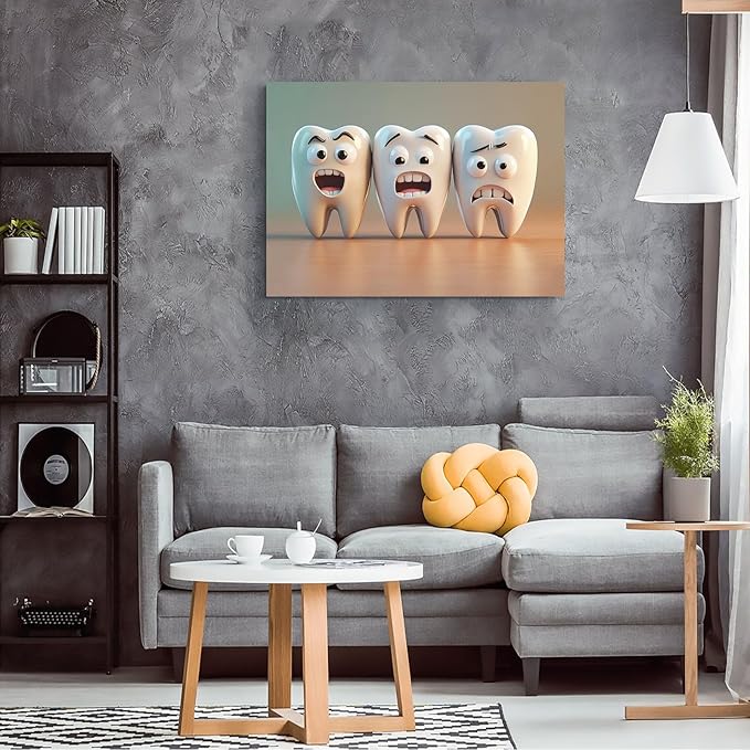 SchindlerBang Pediatric Dental Decor,Playful Tooth Characters Canvas,Cheerful Art for Kids' Clinics,Waiting Rooms,and Birthday Party Spaces 8x12inch Ready to Hang