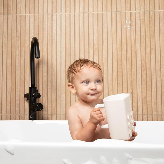 Baby Bath Cup with Suctions - BPA Free, 100% Food Grade Silicone Rinse Cup, Clutter-Free Tub Area, Kids Learning Tool, Sticks to Tiles, Drains Water Upside Down- "Patent Pending"