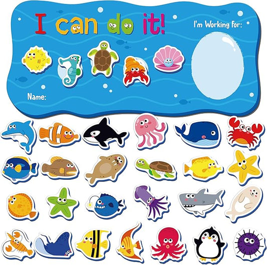 “I CAN DO IT” Token Board, Magnetic Reward Chart with 30 Animal Magnets, Sea-Themed Reward System Board, Incentive Chart for Good Behavior and Responsibility, Great for Toddlers, Kids, Students