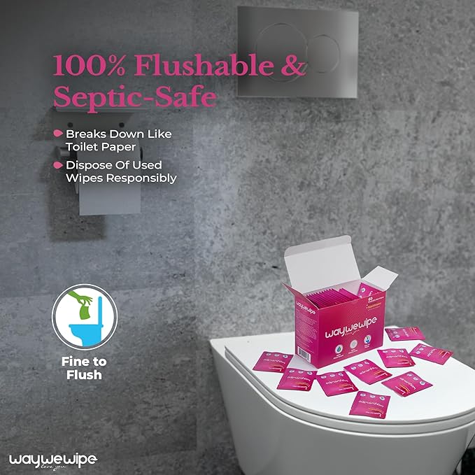 On-The-Go Flushable Feminine Wet Wipes, 60 Count XL Individually Wrapped Female Wipes, Hypoallergenic 100% Plant Based Septic Safe, Travel Size Adult Cleansing Cloth for Women, Rosewater