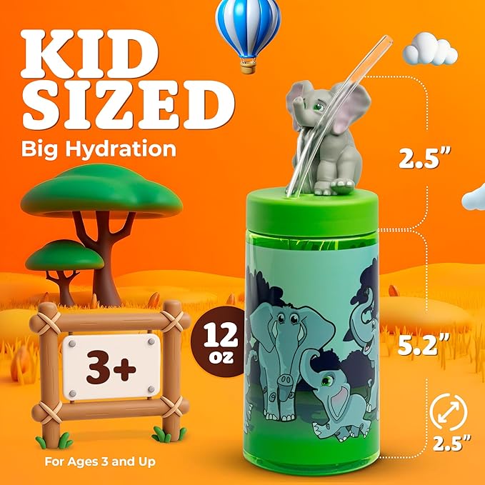 Kids Water Bottle, Toddler Cups, Tumbler with Lid and Straw, Travel Sippy Cup for Water or Milk, Kids Cups with Lids for Toddlers 3 and Up, BPA Free Plastic, 12 oz (Trend Zoo Elephant)