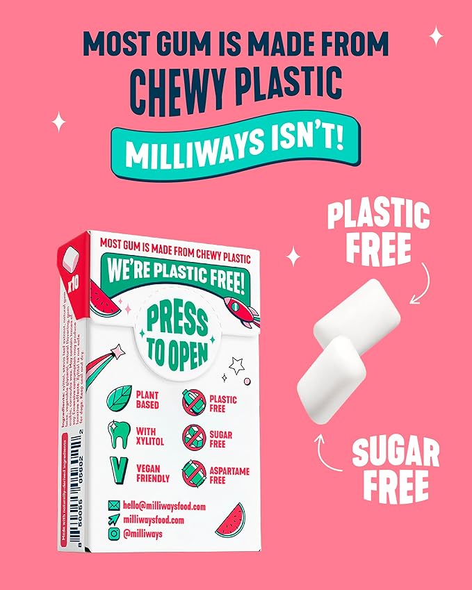 Milliways Watermelon | Plastic Free Gum | Xylitol, Aspartame-Free, Sugar-Free, Plant-Based, Natural Chewing Gum | 40 Pieces Total (4 Packs of 10 Pieces)