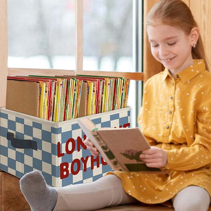 Long Live Boyhood Foldable Storage Bins Box with Handles, Retro Blue Checkered Collapsible Toys Books Clothes Organizer Basket for Kids Boys Nursery Bedroom Bathroom Dorm