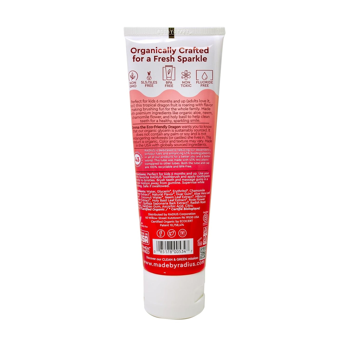 RADIUS USDA Organic Kids Toothpaste 3oz Non Toxic Chemical-Free Gluten-Free Designed to Improve Gum Health for Children's 6 Months and Up - Dragon Fruit - Pack of 6