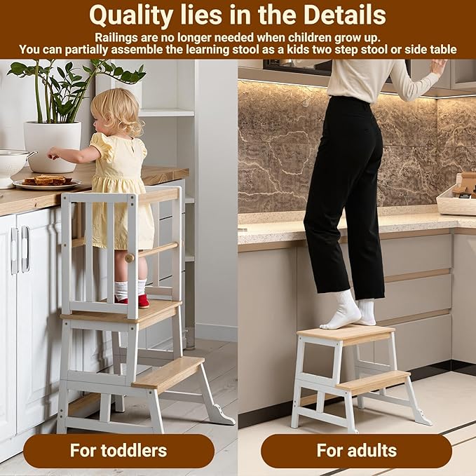 COSYLAND Kids Kitchen Step Stool, Toddler Standing Tower with CPC Certification, Removable Anti-Drop Railing Enjoys Unique Patented Design A Anti-tip Stable Structure 1.5-3 Years Natural & White